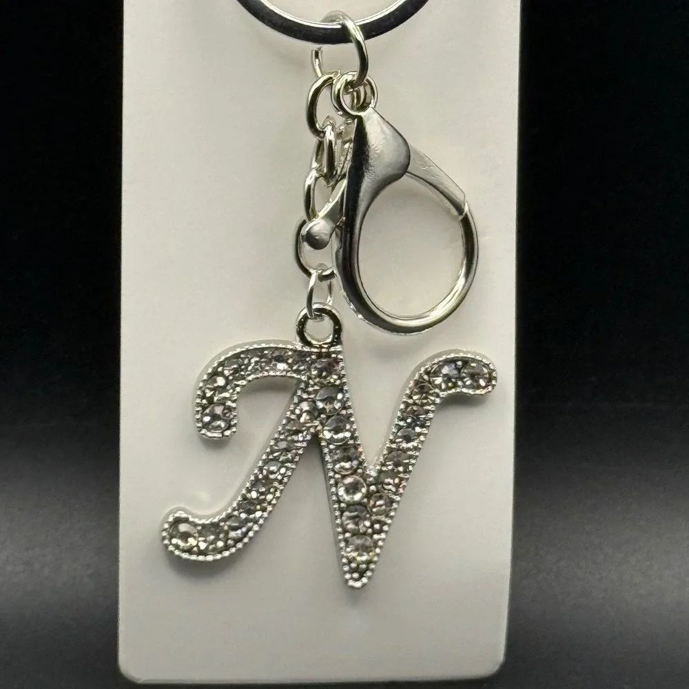 Silver Tone Rhinestone Initial Letter N‎ Keychain Monogram Bag Charm Sparkly
